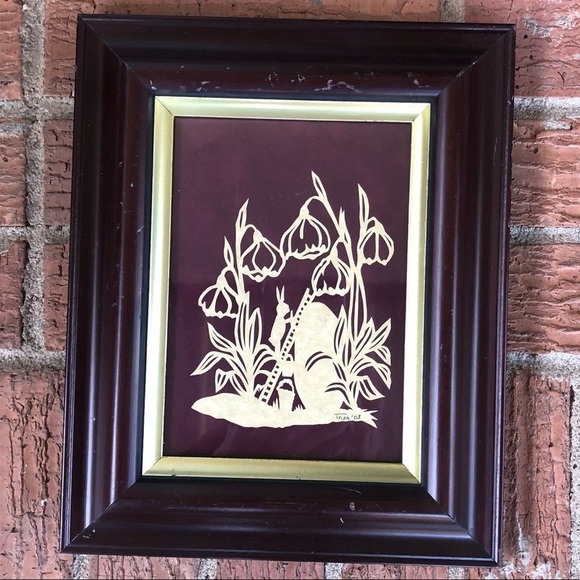 Framed Easter Bunny Scherenschnitte Silhouette Paper Cutout - Picture 1 of 3